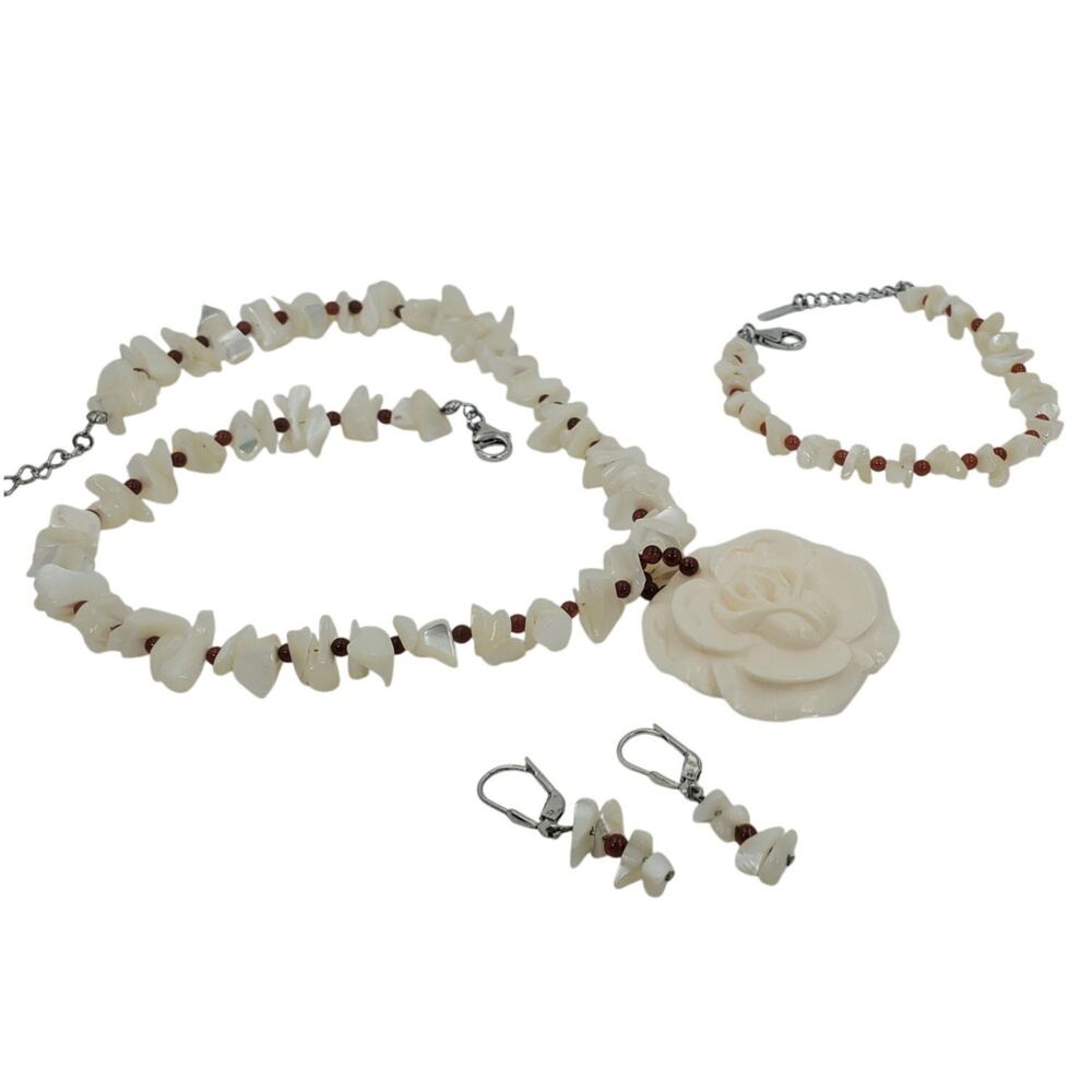 Vintage H.K. MOP Chips - Carved Resin Rose Necklace, Bracelet, and Earrings Set